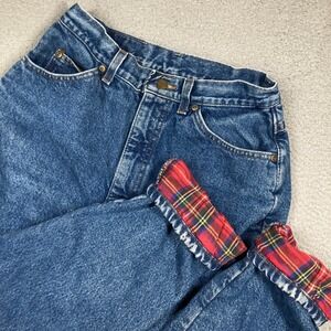 Vtg LL Bean Flannel Lined Jeans Womens 10 Blue Plaid High Rise Tapered Denim